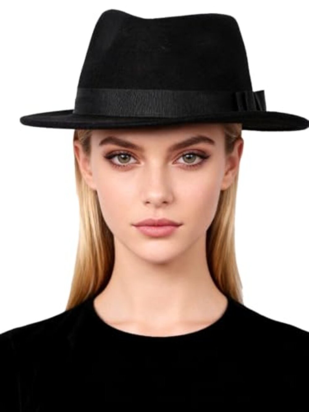 Black Wool Felt Fedora Hat with Ribbon Band Adjustable Panama Trilby Jazz